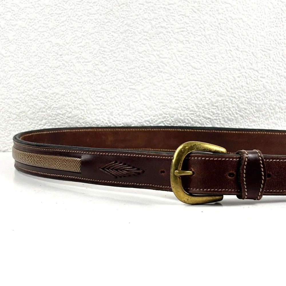 Leather Belt Mens 32 Brown Good Western Lizard Inlay Embossed Leaf Cowboy Rustic